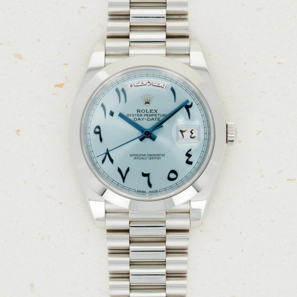 Rolex Day-Date 40 Platinum Ice Blue Arabic Dial