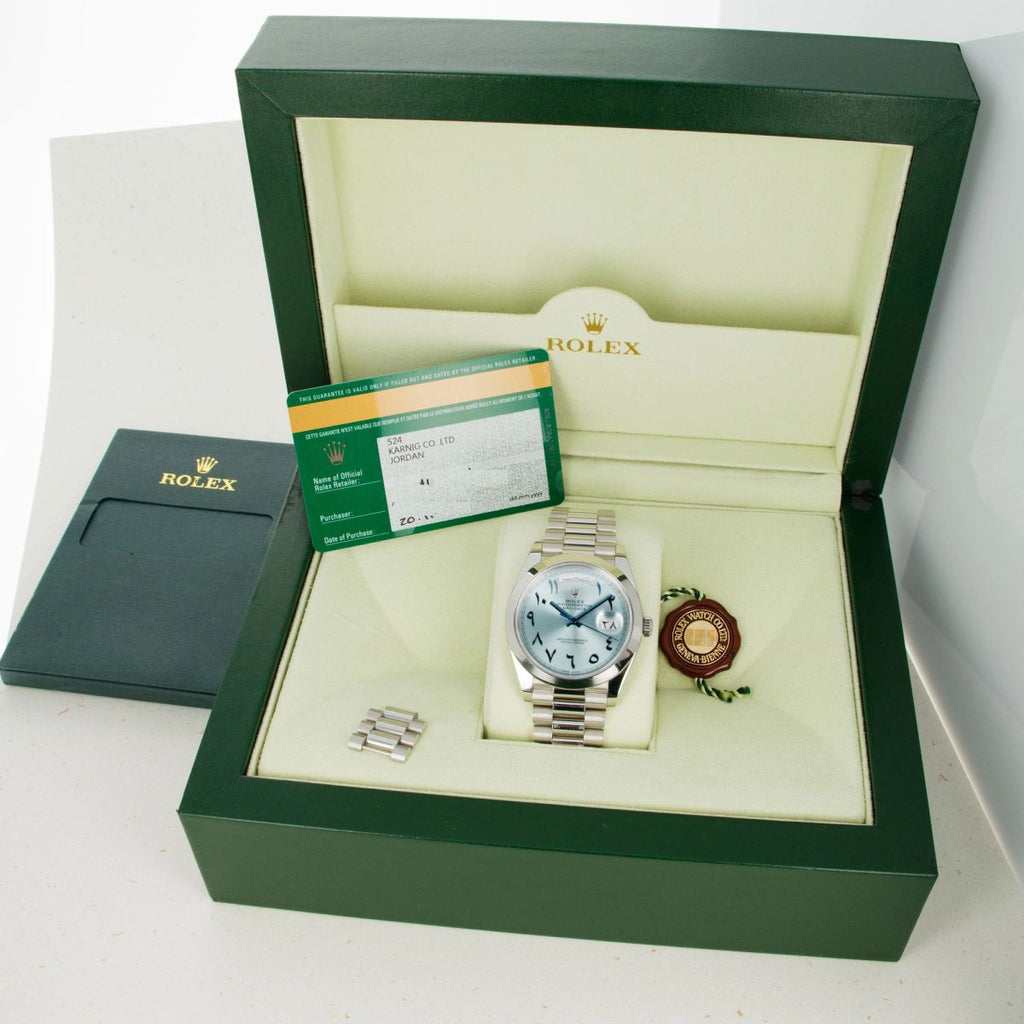 Rolex Day-Date 40 Platinum Ice Blue Arabic Dial